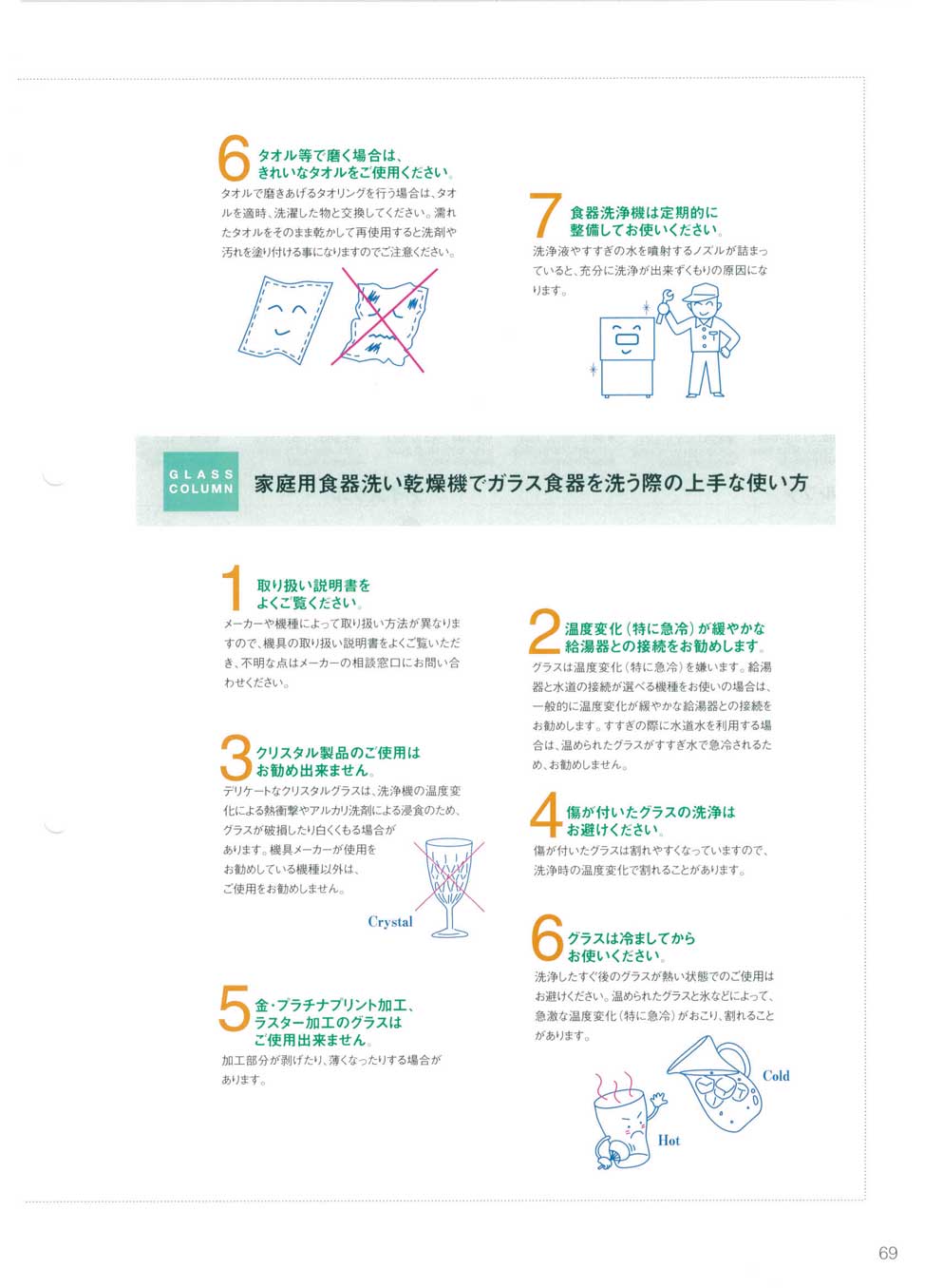 食器 家庭用食器洗い乾燥機でガラス食器を洗う際の上手な使い方東洋佐々木ガラス２００８ グラスウエア総合カタログ 69ページ