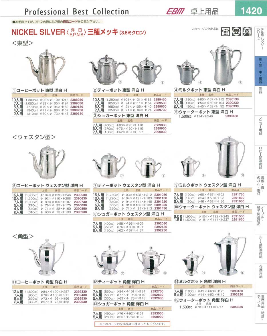 食器 ニッケルシルバー三種メッキ・コーヒーポット・ミルクポット