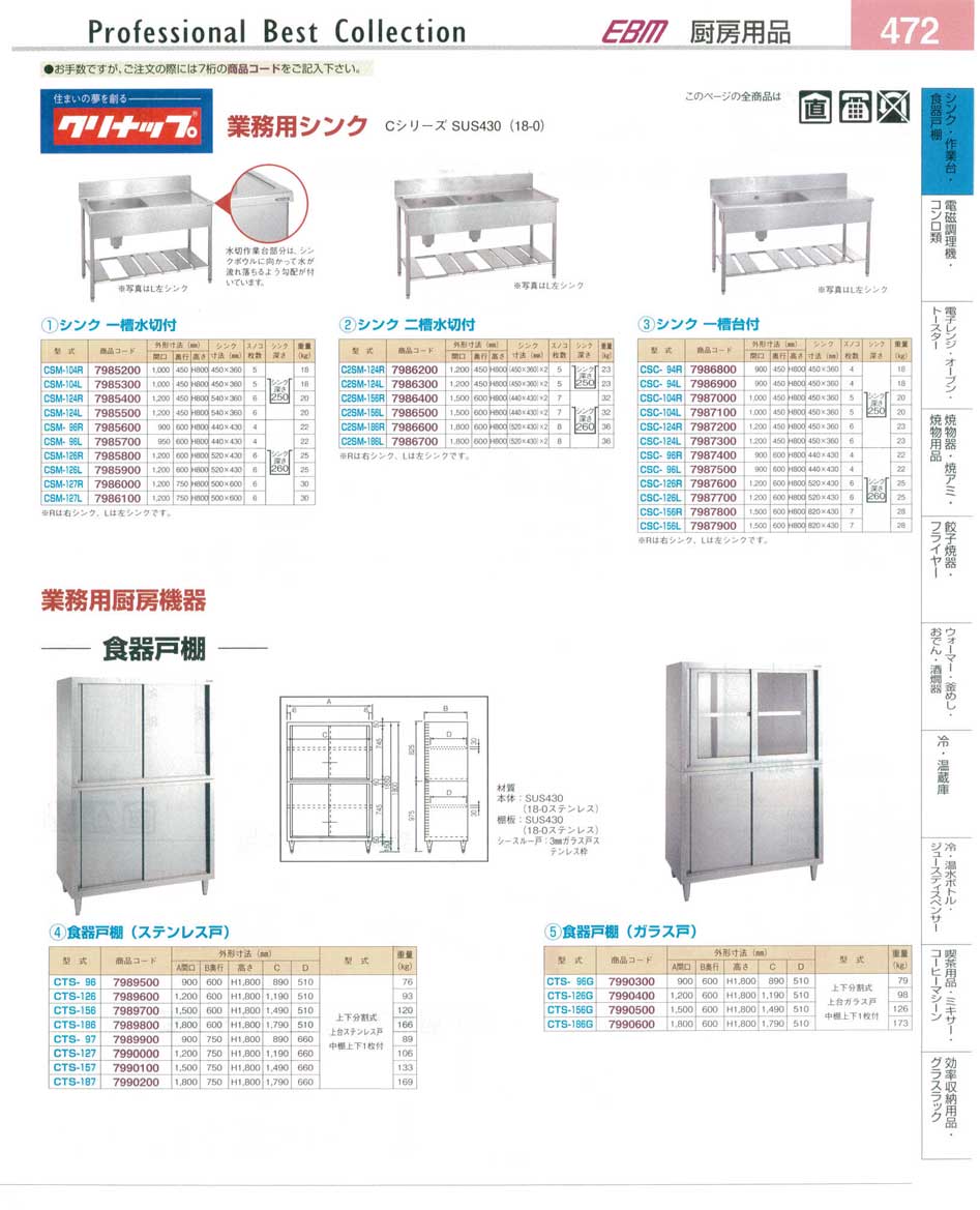 食器 クリナップ・業務用シンク・業務用厨房機器・食器戸棚