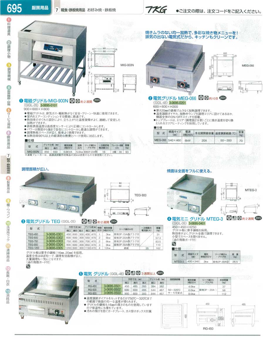 食器 電気グリドル ＴＫＧ業務用総合カタログ１３－１ 遠藤商事－695ページ