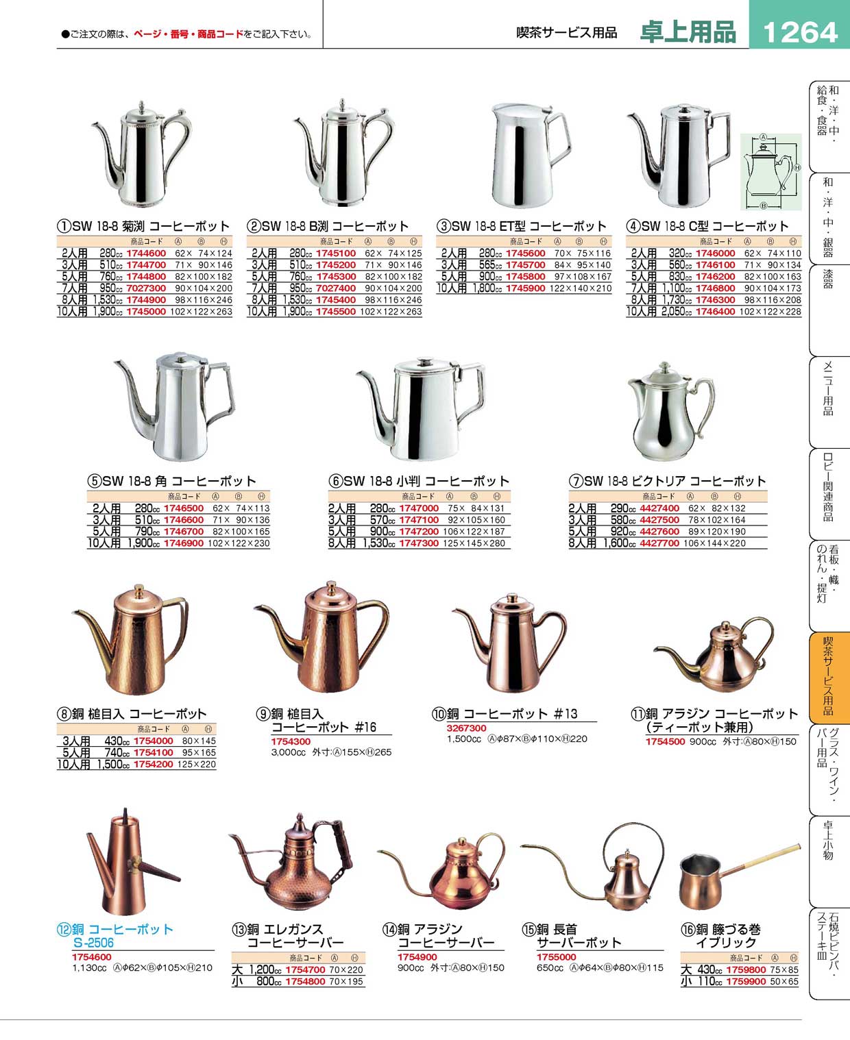 食器 ステンレスコーヒーポット・銅コーヒーポット・銅コーヒーサーバー プロフェッショナルベストコレクション１５－１ ＥＢＭ－1264ページ