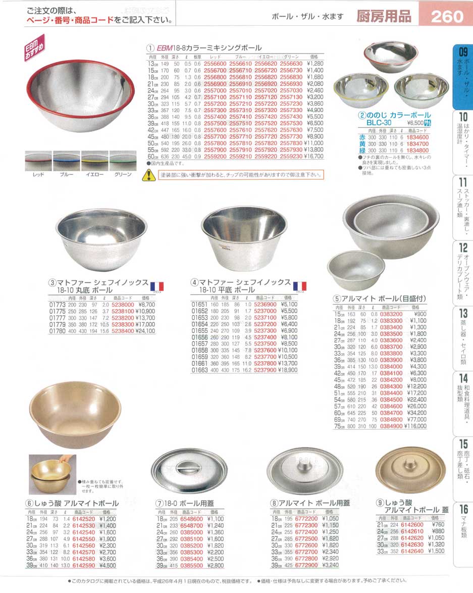 食器 ステンレスボール・ミキシングボール・アルマイトボール プロフェッショナルベストコレクション１６ ＥＢＭ－260ページ