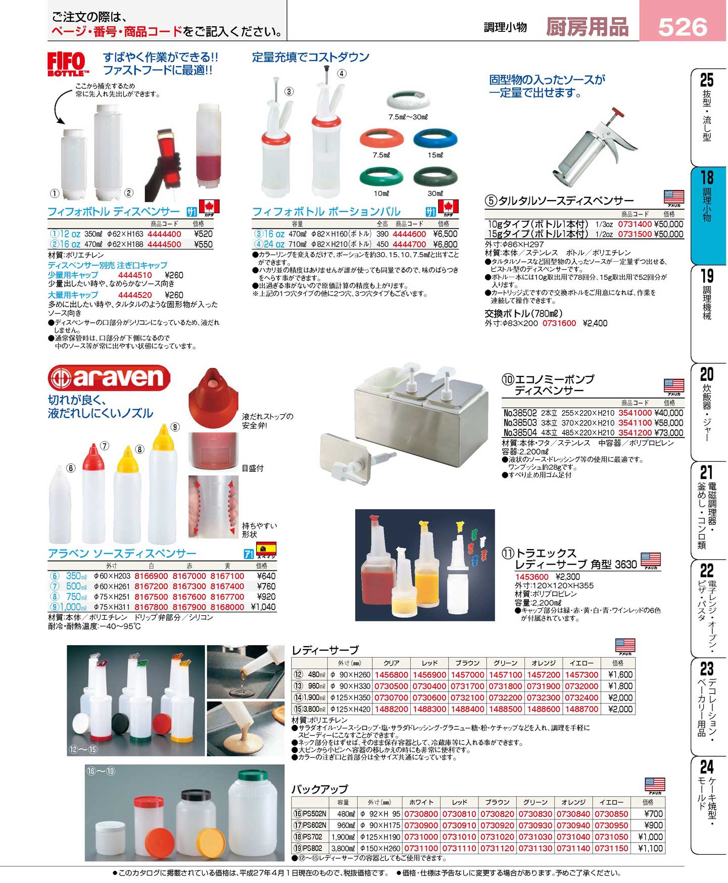 食器 ボトルディスペンサー・ソースディスペンサー・レディーサーブ プロフェッショナルベストコレクション１６－１ ＥＢＭ－526ページ