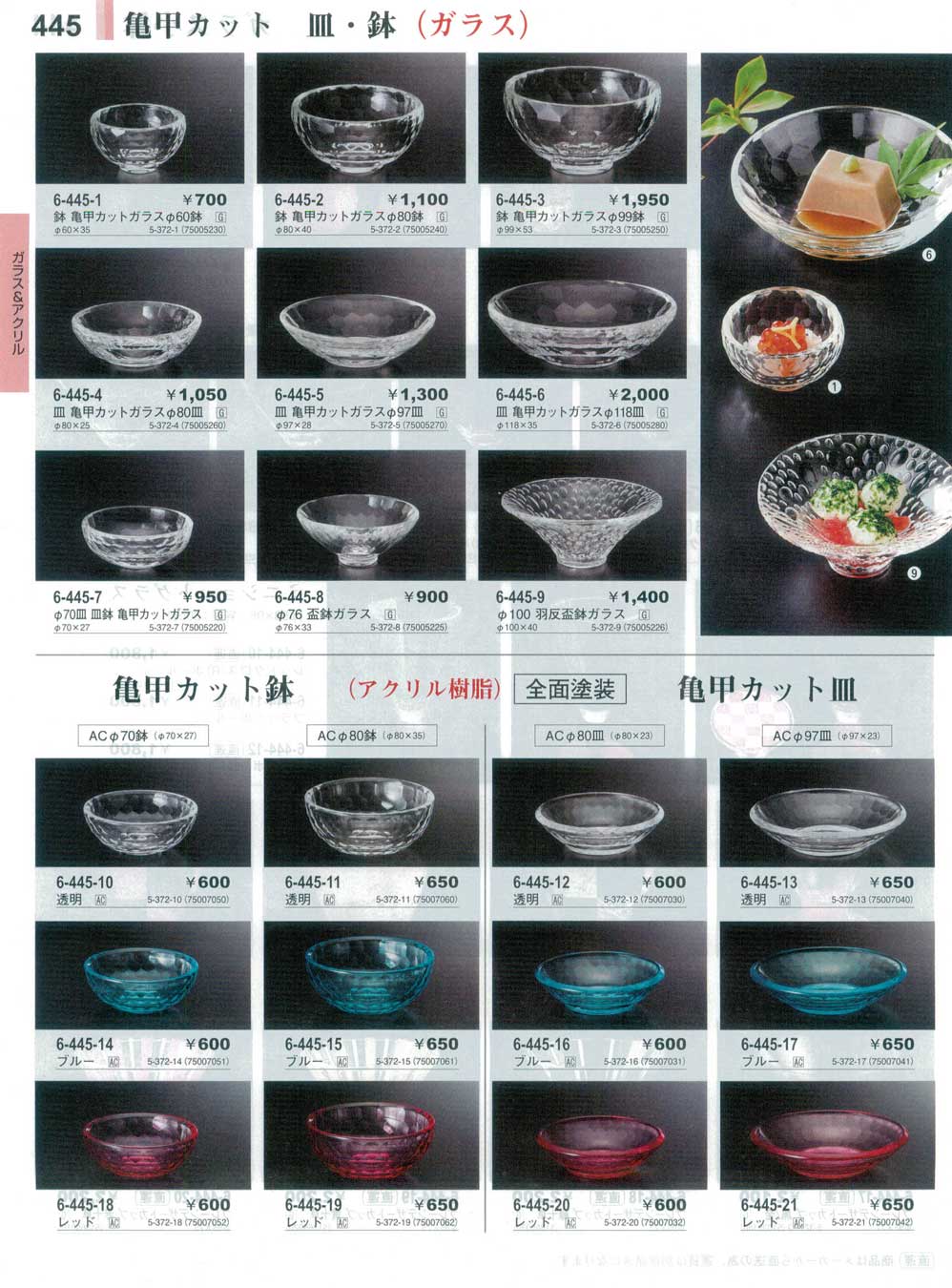 食器 亀甲カット鉢・皿（ガラス・アクリル）Glass Bowls/Plates 