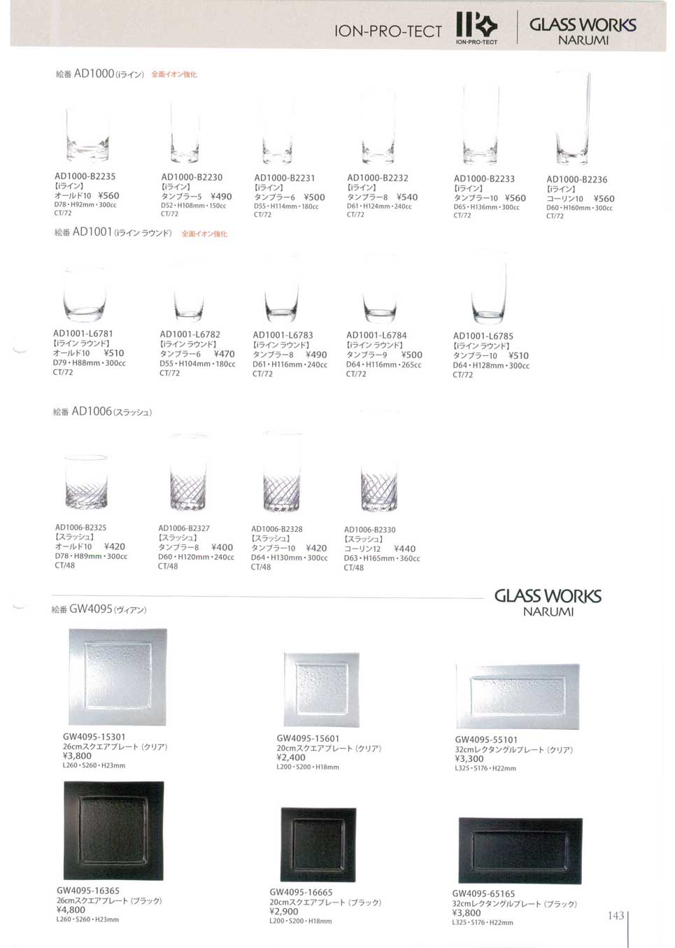 食器 グラスウェアGlassware, ION-PRO-TECT, GLASS WORKS NARUMI ナルミ  ホテル＆レストランウエア総合カタログ２０２０－143ページ
