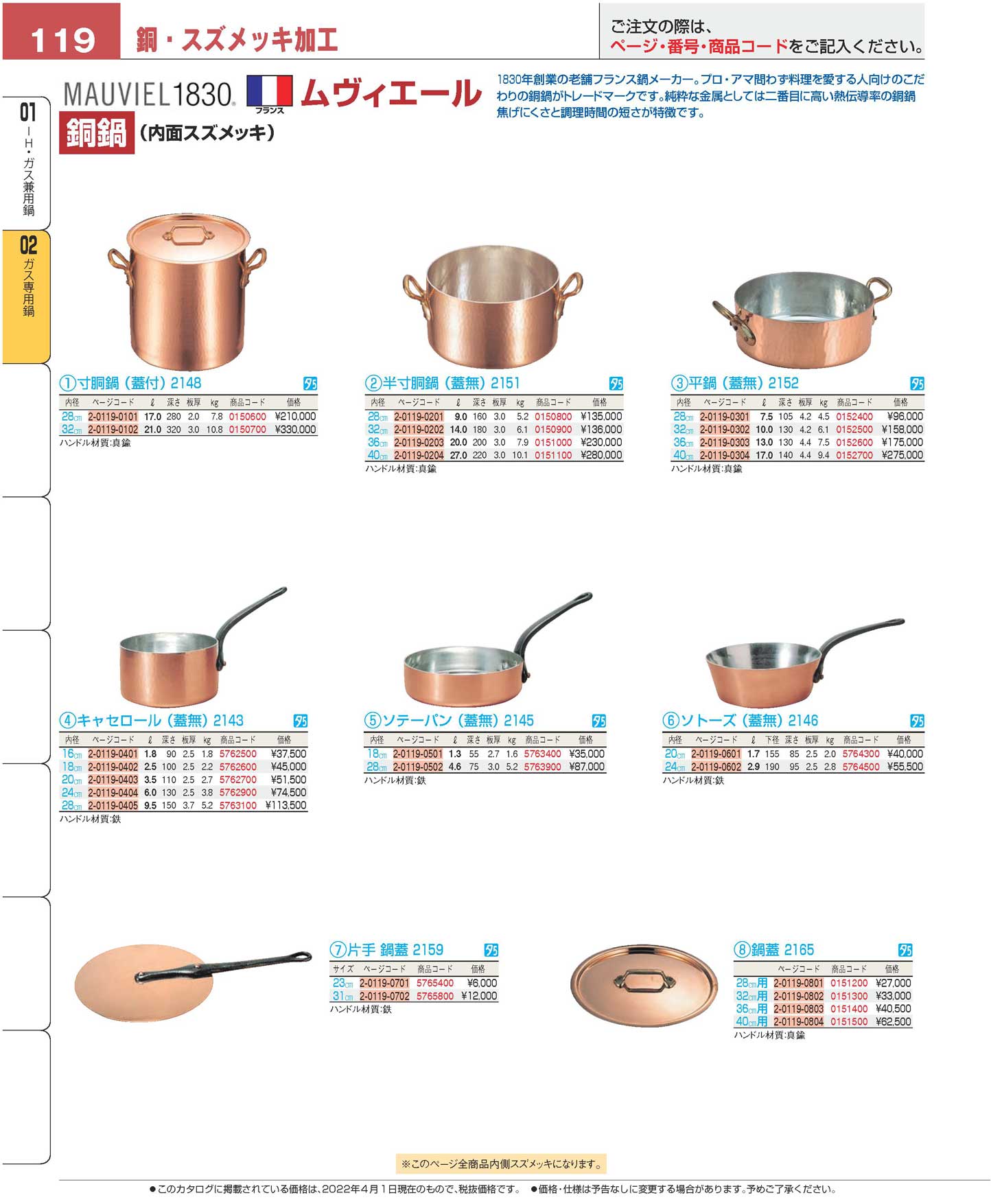 食器 ガス専用鍋／銅・スズメッキ加工Pots and pans