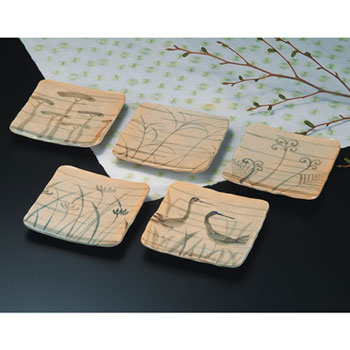 5号足付き皿揃 乾山墨絵風絵変り