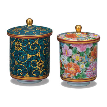 蓋付組湯呑 本金青粒花詰