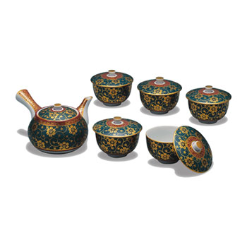 蓋付茶器 本金青粒唐草