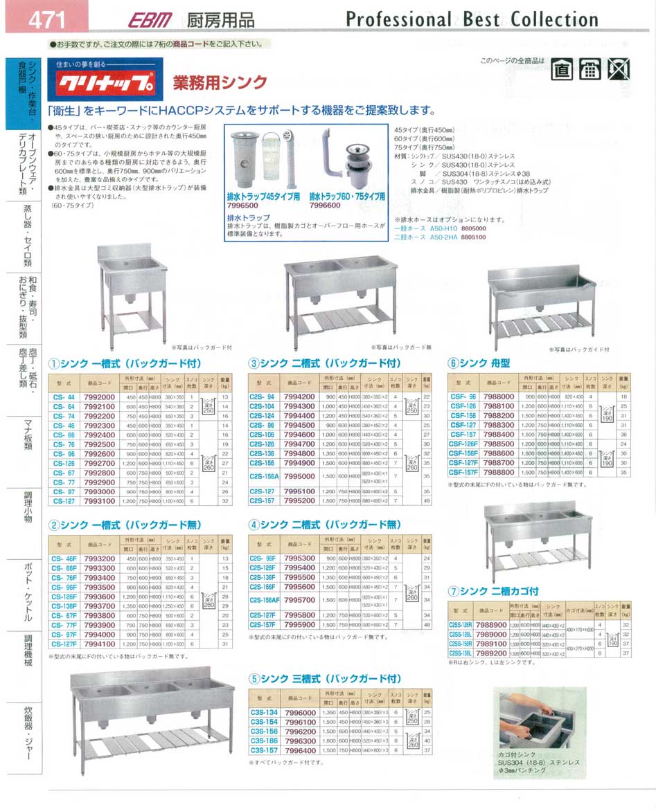 食器 クリナップ・業務用シンク プロフェッショナルベストコレクション