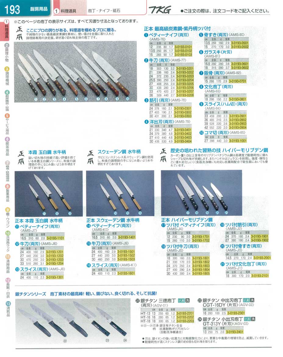 9-0310-1504)AMSJ004(160)正本 ハイパーモリブデン鋼 ツバ付牛刀（両刃