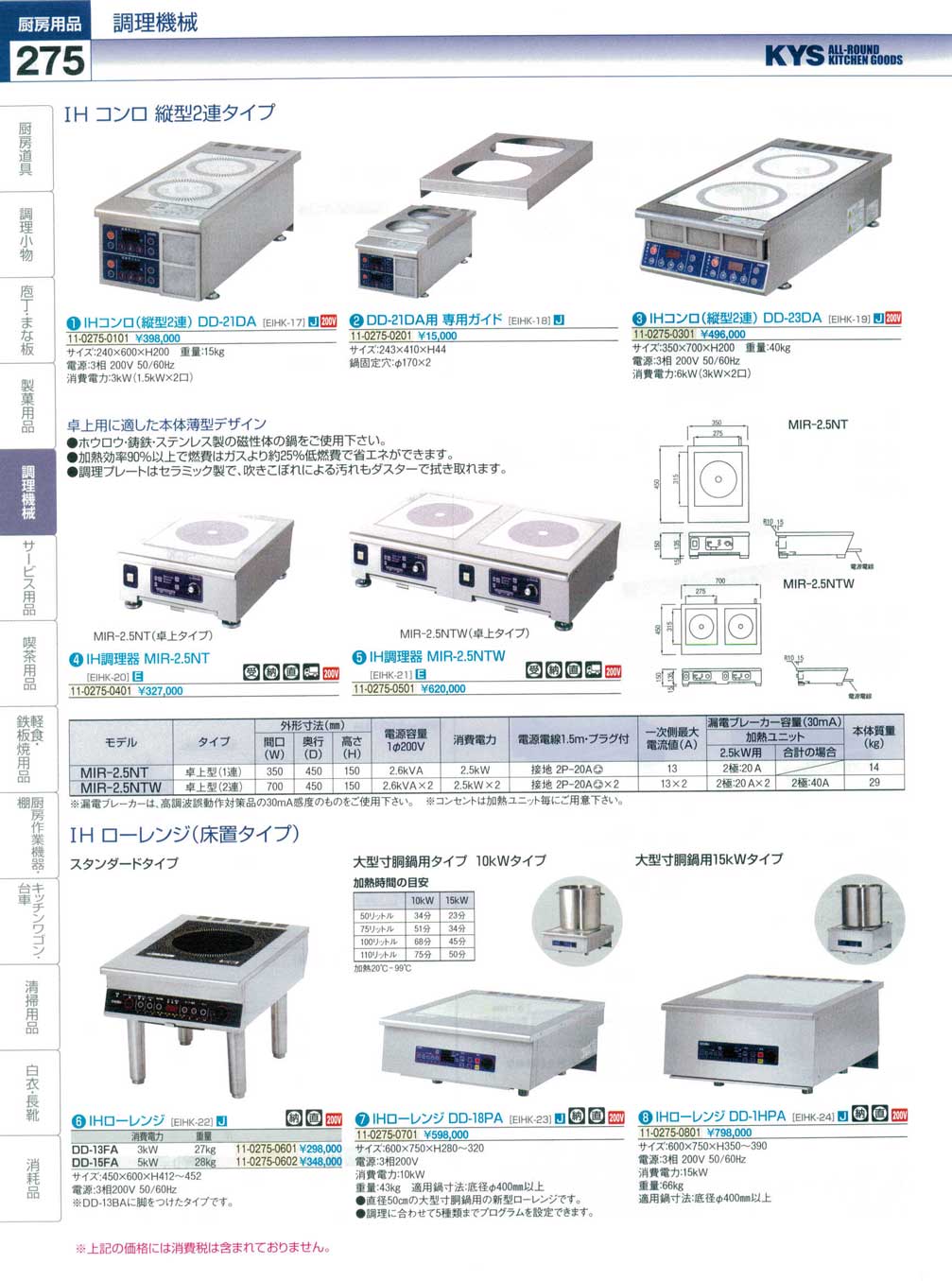 食器 ＩＨコンロ縦型２連タイプ・ＩＨローレンジ（床置タイプ） ＫＹＳ