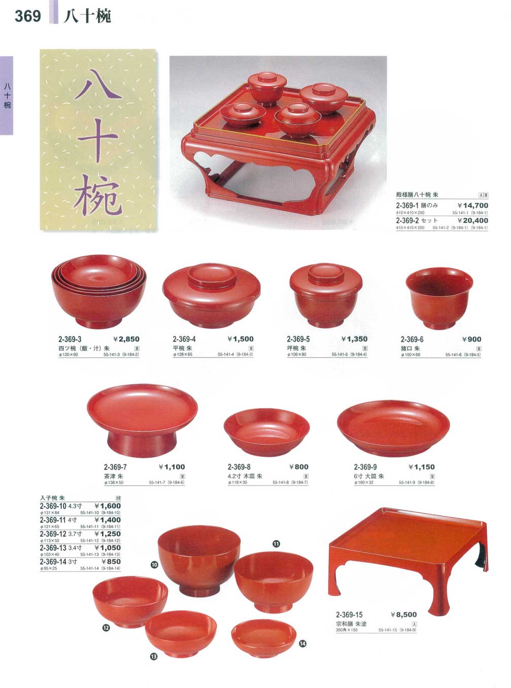 八十椀朱セット（飯．汁．坪．平（商品番号2-369-2-4）