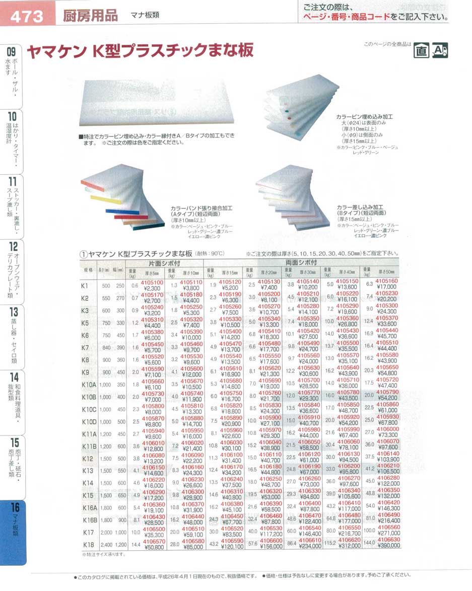 ヤマケン Ｋ型プラスチックまな板 Ｋ１８ ２４００×１２００×１５ 両面サンダー仕上(90)（商品番号4106590）