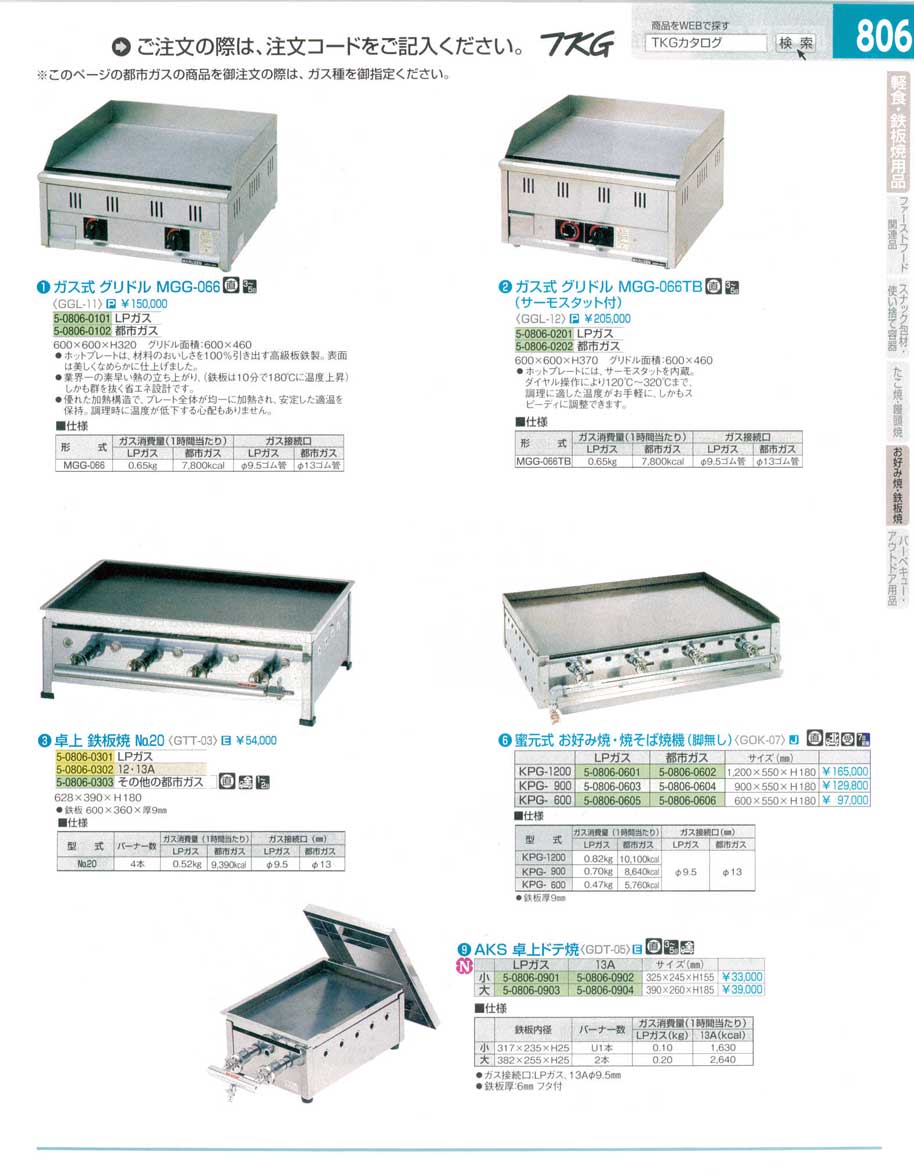 食器 ガス式グリドル ＴＫＧ１５－２ 遠藤商事－806ページ