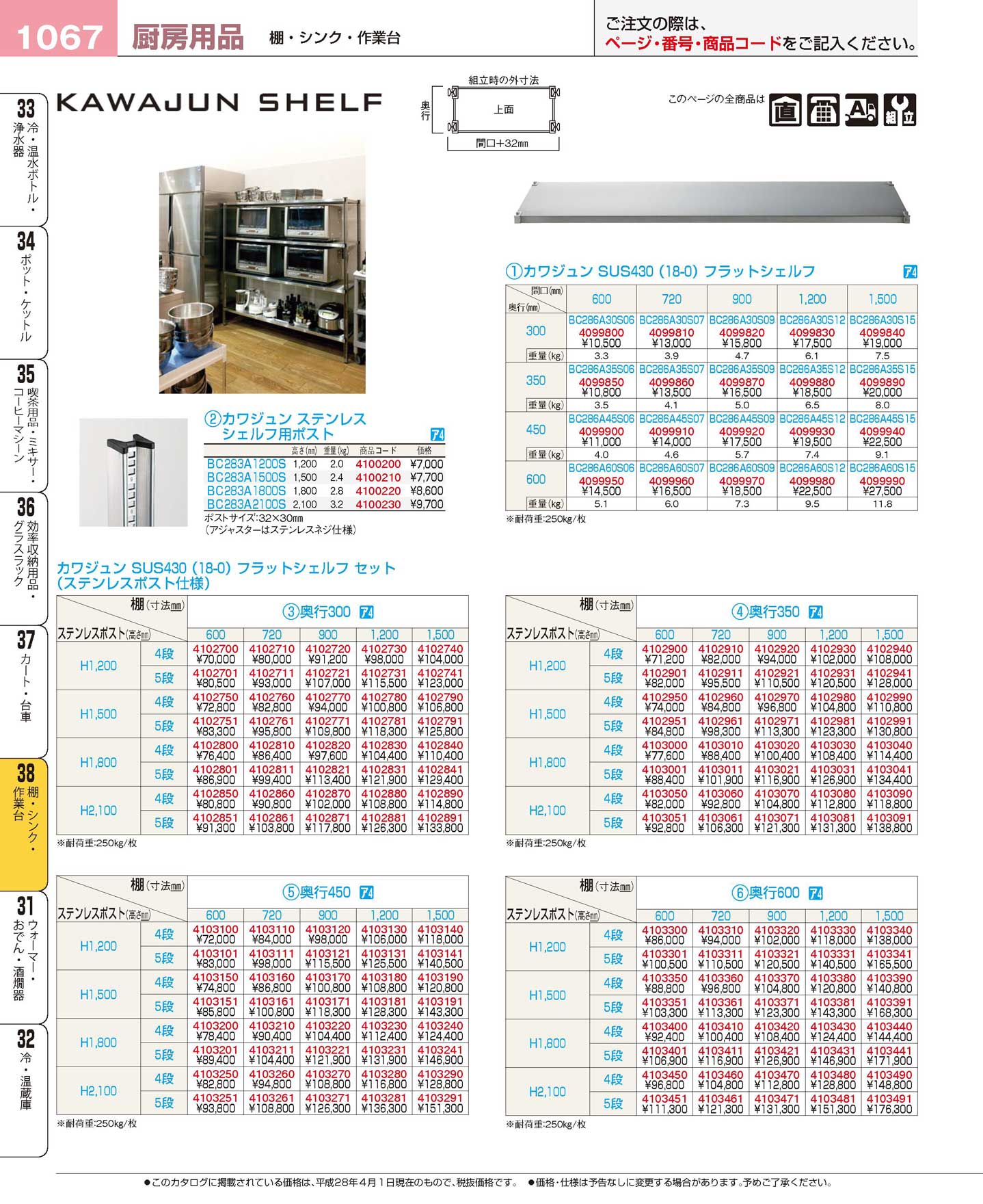 カワジュン ＳＵＳ４３０フラットシェルフ・ステンレスポスト ３５０×１５００×Ｈ１２００ ４段(120)（商品番号4102940）