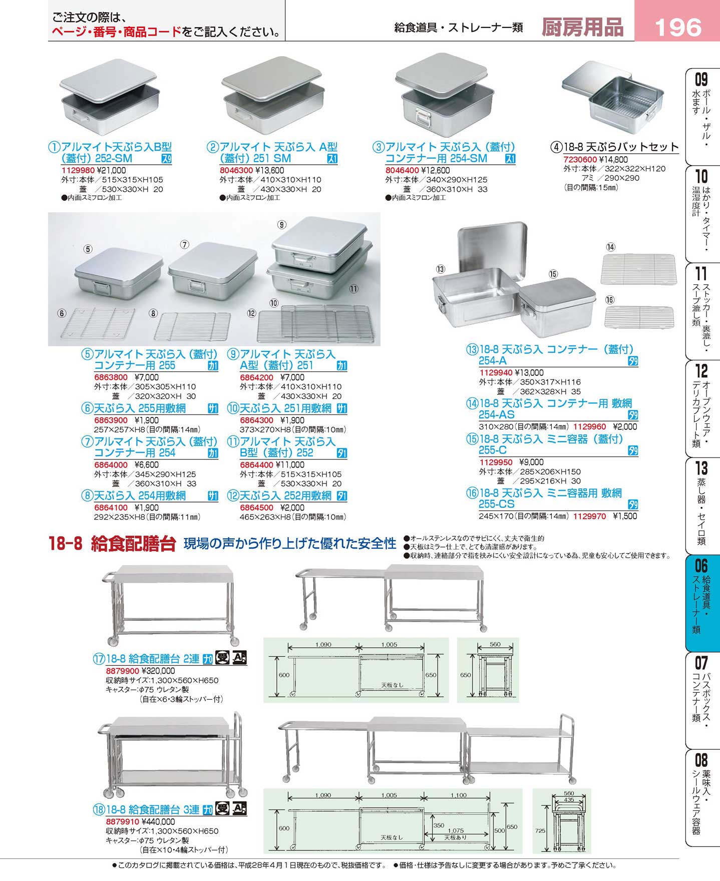 食器 アルマイト天ぷら入れ・天ぷらコンテナー・１８－８給食配膳台