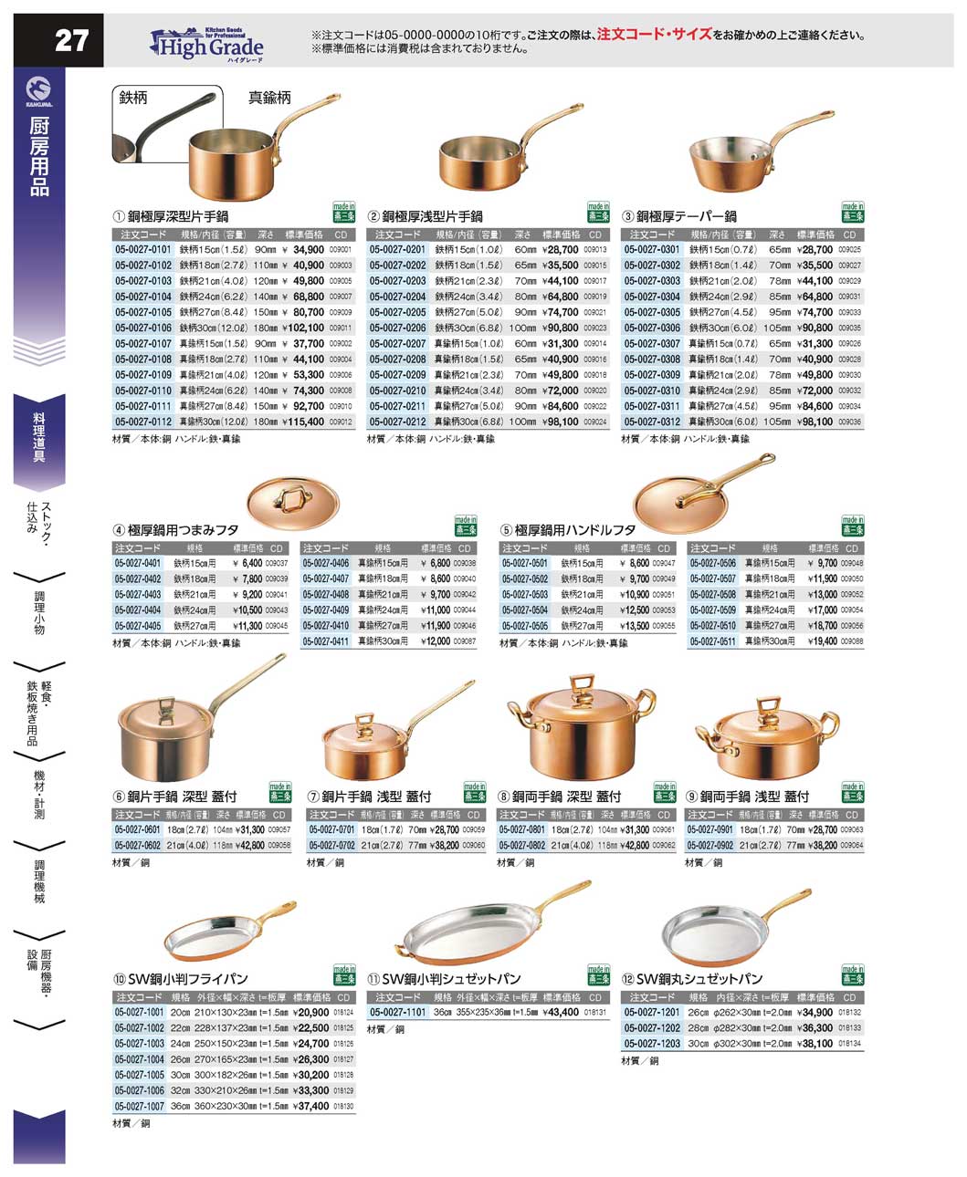 銅片手鍋 浅型 蓋付 ２１ｃｍ(90)（商品番号05-0027-0702）