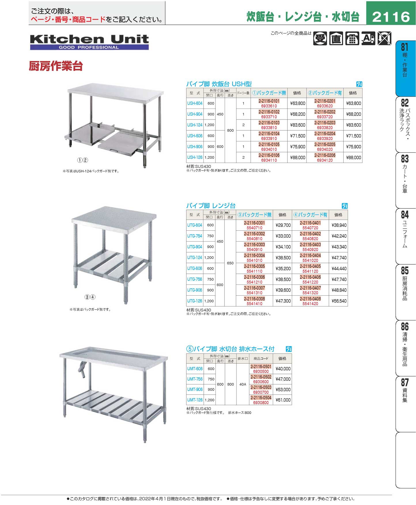 パイプ脚 炊飯台 ＵＳＨ型 ＵＳＨ-６０６ バックガード無(130)（商品番号6933910）