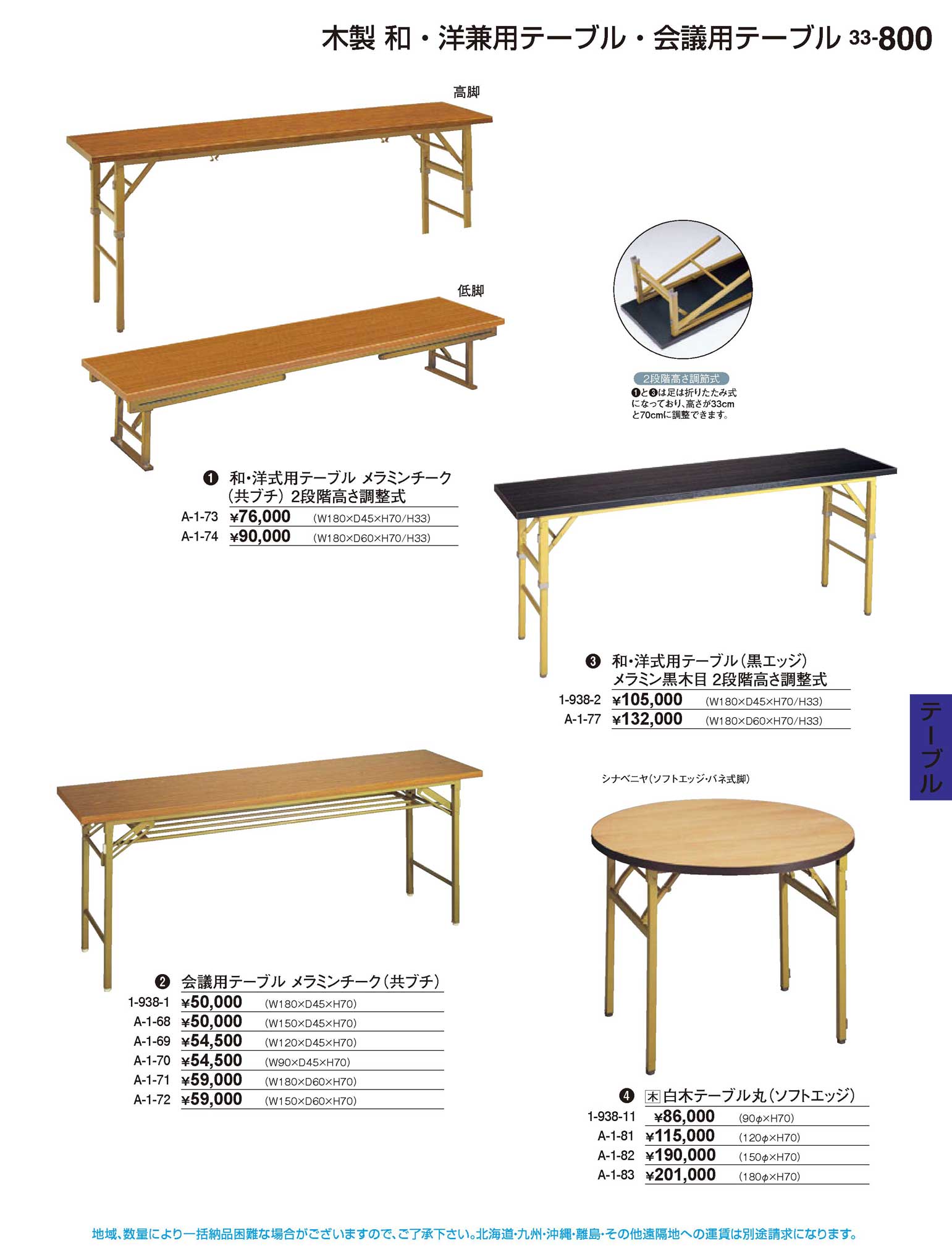 和・洋式用テーブル（黒エッジ） メラミン黒木目 ２段階高さ調整式