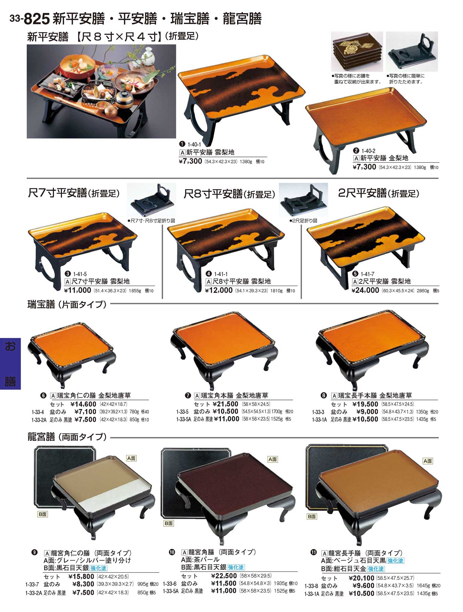 食器 新平安膳・平安膳・瑞宝膳・籠宮膳Low Tables 割烹漆器３３－825 