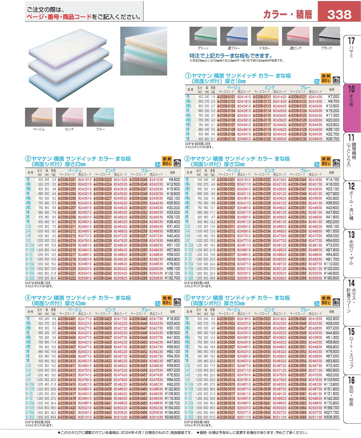 ヤマケン 積層サンド式カラーまな板４号Ｃ Ｈ２３mm ピンク(110)（商品